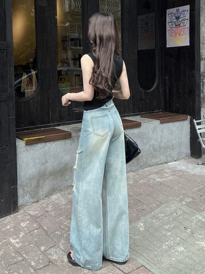 Light blue summer thin style hot diamond hole high waist straight jeans versatile loose washed distressed wide leg mopping pants