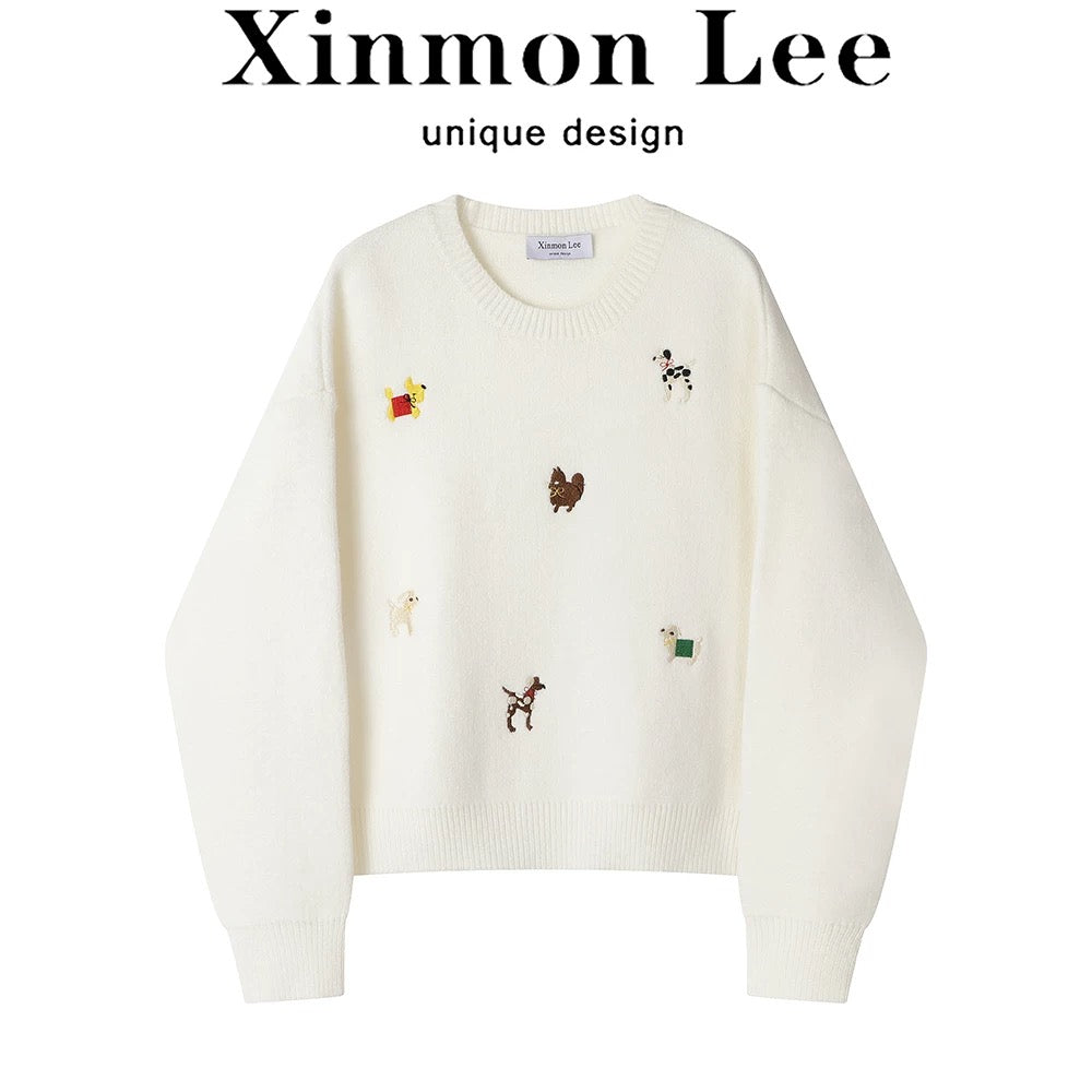 XinmonLee temperament, stylish, age-reducing, versatile Korean round-neck knitted sweater, autumn and winter lazy style loose top