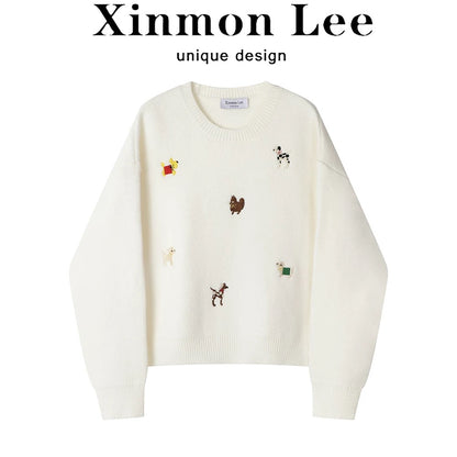 XinmonLee temperament, stylish, age-reducing, versatile Korean round-neck knitted sweater, autumn and winter lazy style loose top