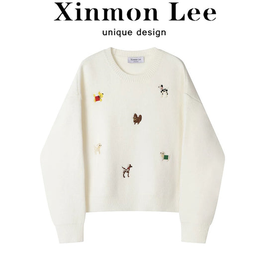 XinmonLee temperament, stylish, age-reducing, versatile Korean round-neck knitted sweater, autumn and winter lazy style loose top