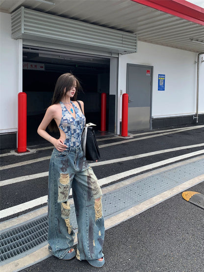 Retro distressed ripped straight jeans for women summer slim hot girl wide leg pants casual high waist mopping trousers