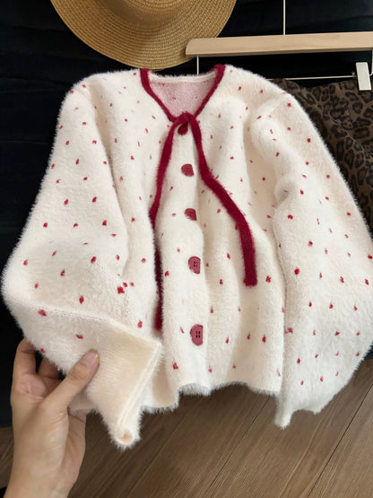 Sweet polka dot fluffy Chanel-style cardigan for women, autumn/winter 2025, slimming and versatile.
