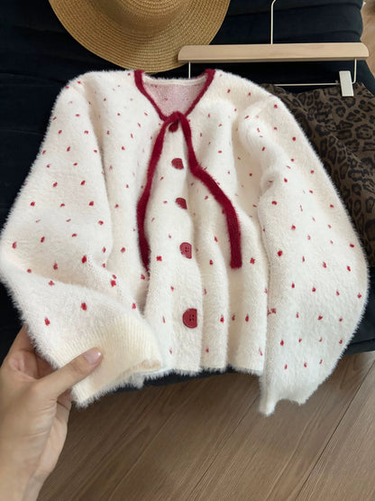 Sweet polka dot fluffy Chanel-style cardigan for women, autumn/winter 2025, slimming and versatile.