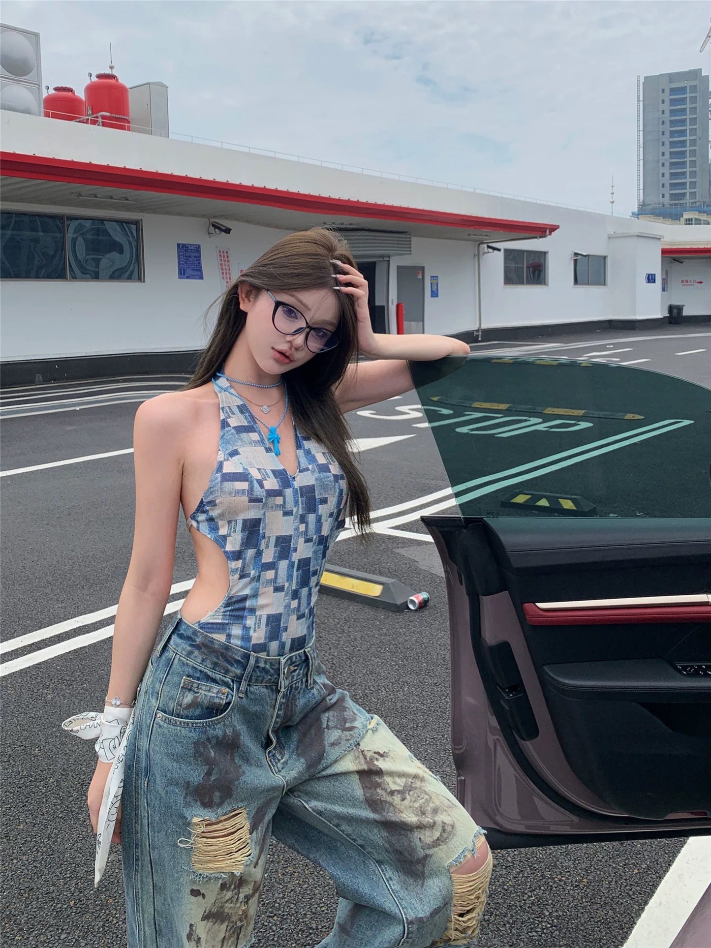 Retro distressed ripped straight jeans for women summer slim hot girl wide leg pants casual high waist mopping trousers