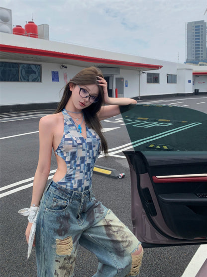 Retro distressed ripped straight jeans for women summer slim hot girl wide leg pants casual high waist mopping trousers