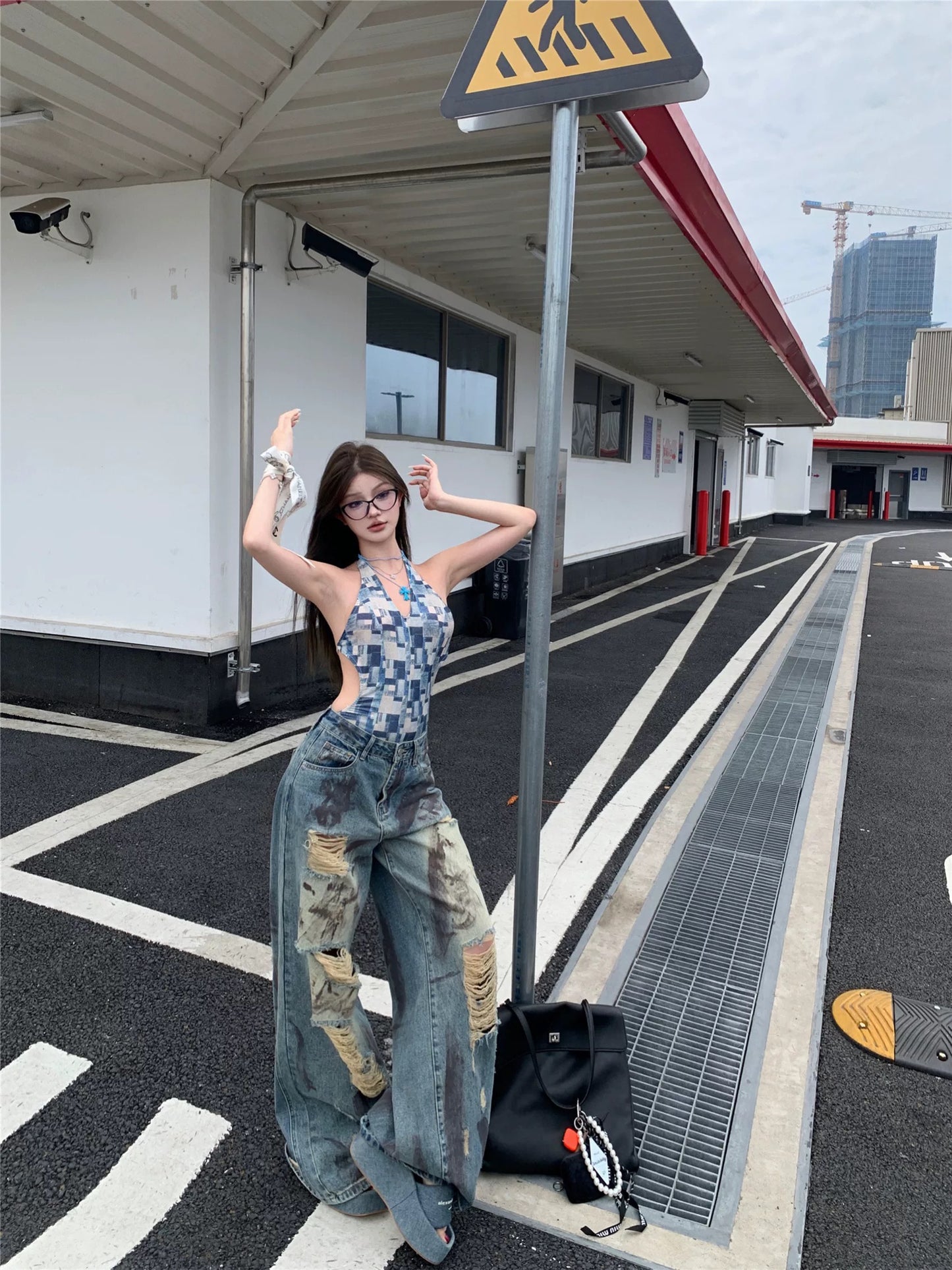 Retro distressed ripped straight jeans for women summer slim hot girl wide leg pants casual high waist mopping trousers