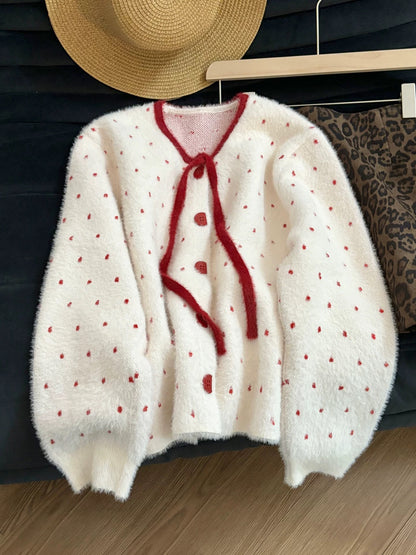 Sweet polka dot fluffy Chanel-style cardigan for women, autumn/winter 2025, slimming and versatile.
