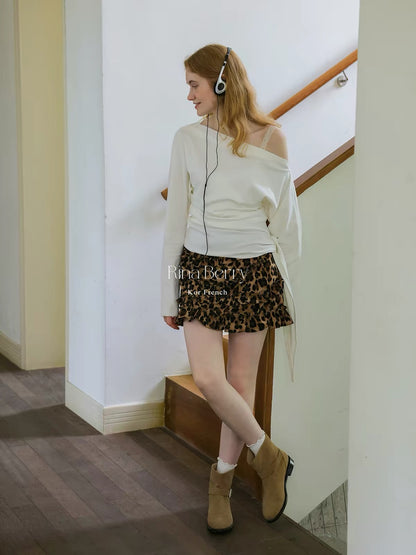 Rina Berry Vintage Leopard-Print A-Line Mini Skirt – High-Waisted, Slimming, and Elegant with Ruffled Trim (Autumn Collection)