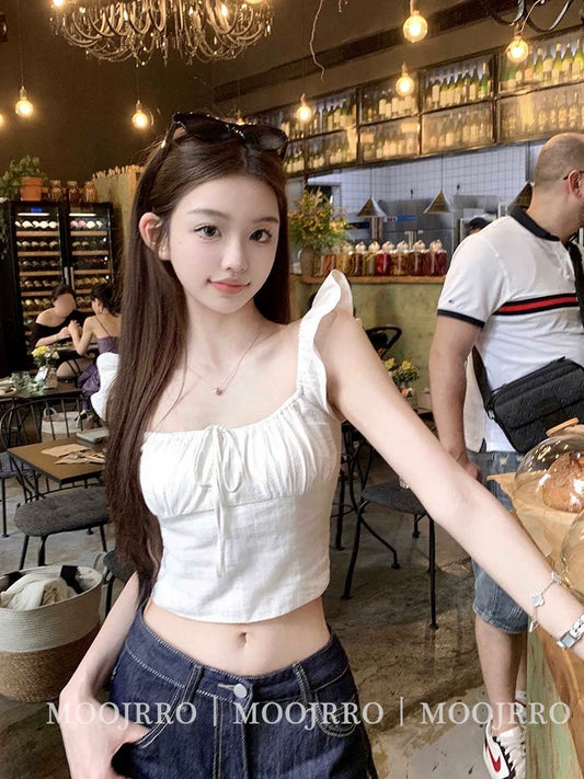 French style white small flying sleeve camisole for women in summer, small and unique, slim and thin short top