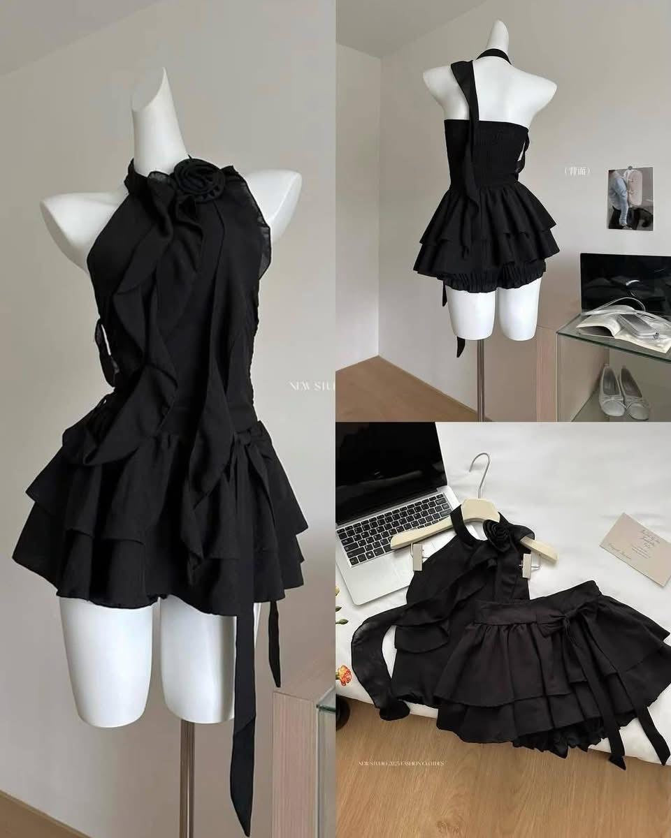 French pure desire style three-dimensional flower halter neck top spring and summer design niche ruffled black short skirt suit