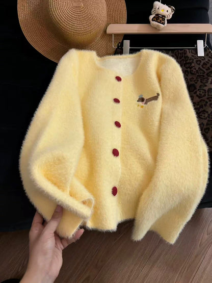 Soft mohair, youthful dachshund embroidery, 2025 autumn/winter loose-fitting slimming round neck cardigan sweater for women.