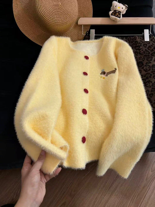 Soft mohair, youthful dachshund embroidery, 2025 autumn/winter loose-fitting slimming round neck cardigan sweater for women.