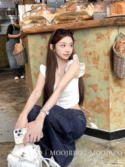 French style white small flying sleeve camisole for women in summer, small and unique, slim and thin short top