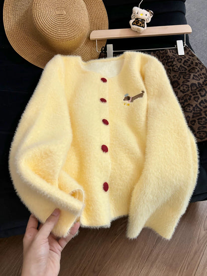 Soft mohair, youthful dachshund embroidery, 2025 autumn/winter loose-fitting slimming round neck cardigan sweater for women.