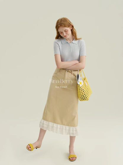 Rina Berry Straight-Cut Ruffled Skirt – Korean-Style Soft-Aesthetic Autumn Long Skirt with Layered Ruffle Detailing