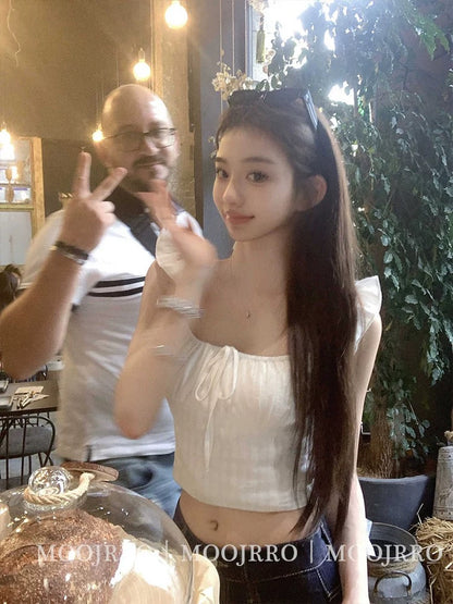 French style white small flying sleeve camisole for women in summer, small and unique, slim and thin short top