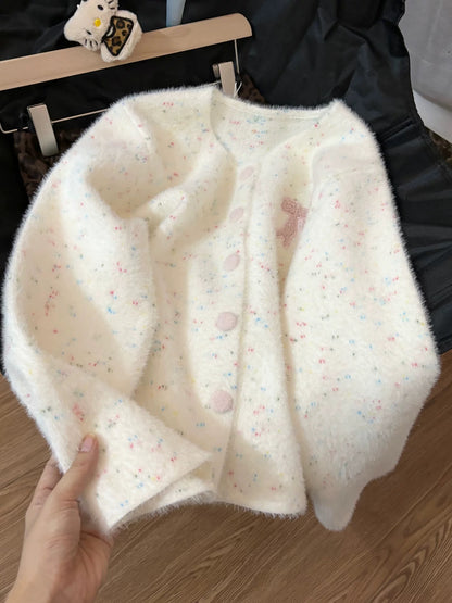 Soft mohair, youthful dachshund embroidery, 2025 autumn/winter loose-fitting slimming round neck cardigan sweater for women.