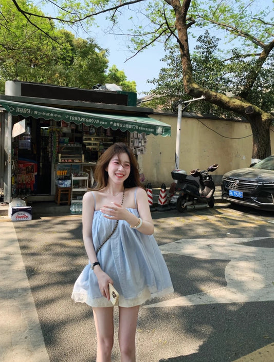 Kumikumi sweet style age-reducing all-match camisole for women summer blue lace stitching outerwear sleeveless top