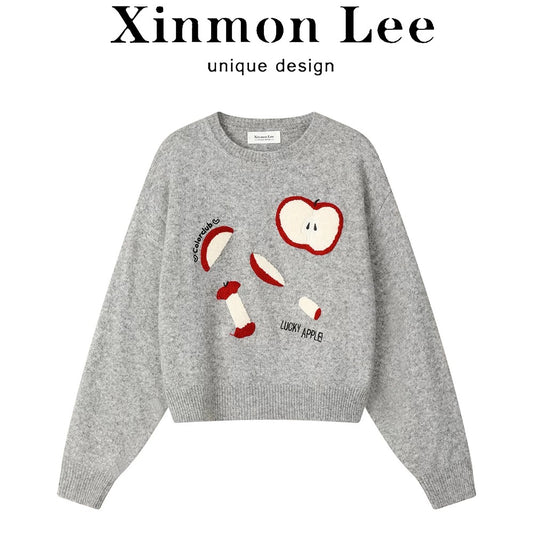XinmonLee lazy style age-reducing all-match apple embroidered knitted sweater design autumn and winter slim all-match women