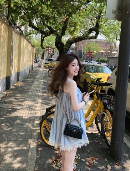Kumikumi sweet style age-reducing all-match camisole for women summer blue lace stitching outerwear sleeveless top