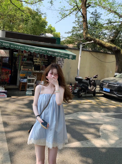 Kumikumi sweet style age-reducing all-match camisole for women summer blue lace stitching outerwear sleeveless top