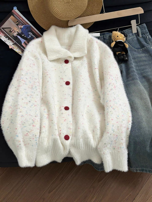 Korean style sweet polka dot white mink fleece sweater coat women's winter loose and lazy style knitted cardigan top trendy