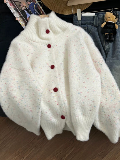 Korean style sweet polka dot white mink fleece sweater coat women's winter loose and lazy style knitted cardigan top trendy