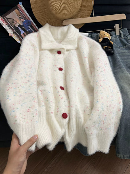 Korean style sweet polka dot white mink fleece sweater coat women's winter loose and lazy style knitted cardigan top trendy