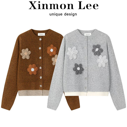 XinmonLee design temperament soft and sticky handmade flower knitted cardigan fake two-piece winter stylish chic coat