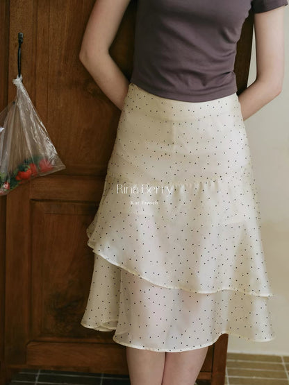 Rina Berry Polka-Dot Paneled Mermaid Skirt – An Asymmetrical, Double-Layered Autumn Piece with a Distinctive, Atmospheric Flair