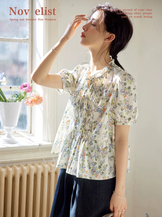 Nov elist tithe floral shirt women summer new style French fungus bow tie shirt top