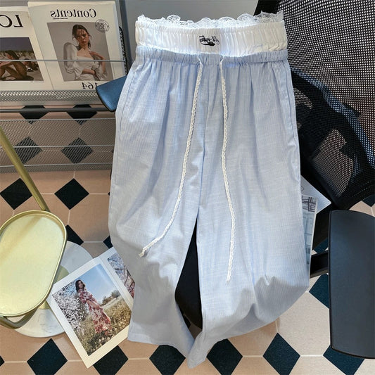 Summer relaxed fit, faux two-piece striped wide-leg trousers with lace trim, new style for men and women, high-waisted straight leg casual pants.