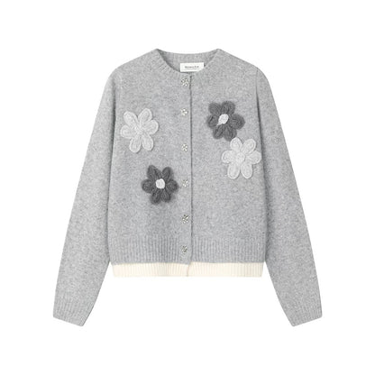 XinmonLee design temperament soft and sticky handmade flower knitted cardigan fake two-piece winter stylish chic coat