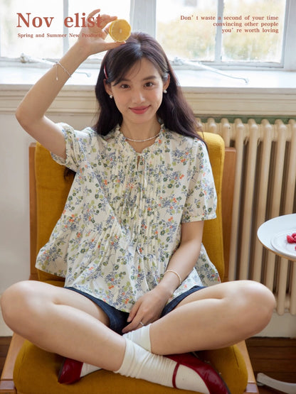 Nov elist tithe floral shirt women summer new style French fungus bow tie shirt top