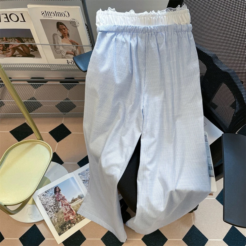 Summer relaxed fit, faux two-piece striped wide-leg trousers with lace trim, new style for men and women, high-waisted straight leg casual pants.