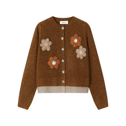 XinmonLee design temperament soft and sticky handmade flower knitted cardigan fake two-piece winter stylish chic coat