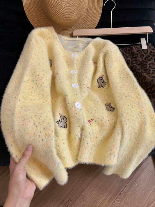 Soft mohair, youthful cartoon embroidery, creamy yellow, autumn and winter loose-fitting slimming round neck cardigan sweater coat for women.