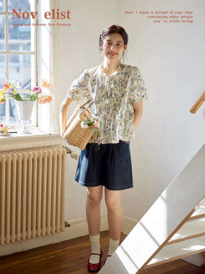 Nov elist tithe floral shirt women summer new style French fungus bow tie shirt top