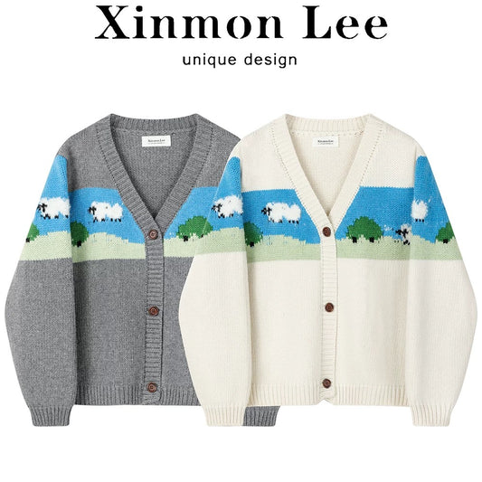 XinmonLee stylish and age-reducing all-match thick lamb jacquard cardigan winter Korean lazy style knitted jacket