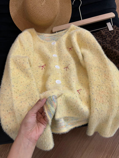 Soft mohair, youthful cartoon embroidery, creamy yellow, autumn and winter loose-fitting slimming round neck cardigan sweater coat for women.