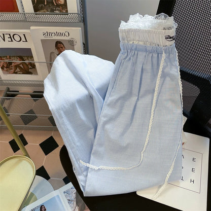 Summer relaxed fit, faux two-piece striped wide-leg trousers with lace trim, new style for men and women, high-waisted straight leg casual pants.