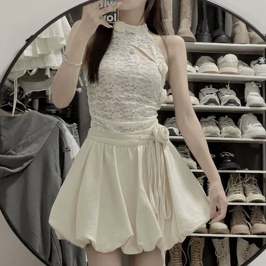 Design niche lace halterneck sleeveless top summer rose flower decoration bud short skirt suit women's two-piece suit