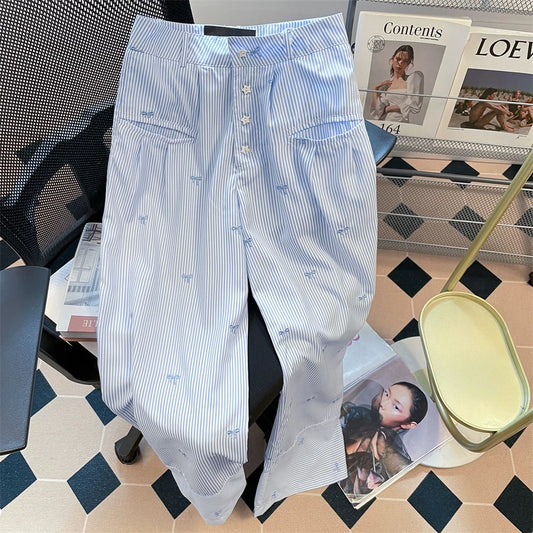 Dopamine-striped bow embroidered straight-leg casual pants for men and women, sweet, casual, versatile wide-leg trousers for summer.