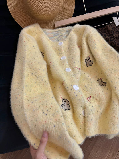 Soft mohair, youthful cartoon embroidery, creamy yellow, autumn and winter loose-fitting slimming round neck cardigan sweater coat for women.