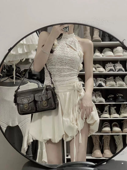 Design niche lace halterneck sleeveless top summer rose flower decoration bud short skirt suit women's two-piece suit