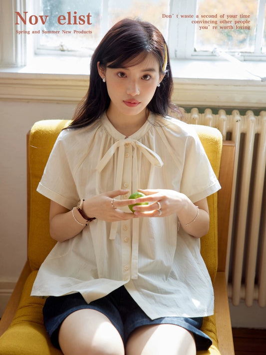 Nov elist tithe yellow shirt for women summer new style French round neck bow raglan sleeve shirt top