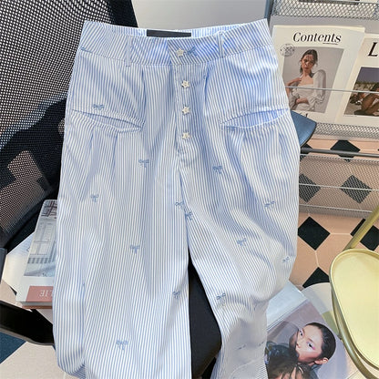 Dopamine-striped bow embroidered straight-leg casual pants for men and women, sweet, casual, versatile wide-leg trousers for summer.