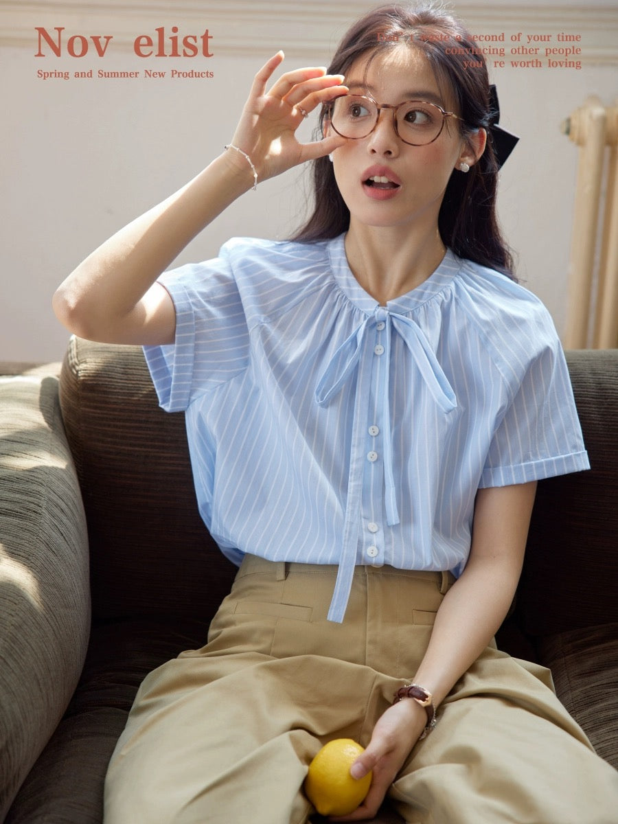 Nov elist tithe yellow shirt for women summer new style French round neck bow raglan sleeve shirt top