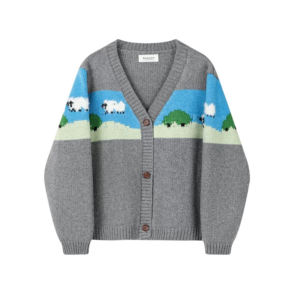 XinmonLee stylish and age-reducing all-match thick lamb jacquard cardigan winter Korean lazy style knitted jacket