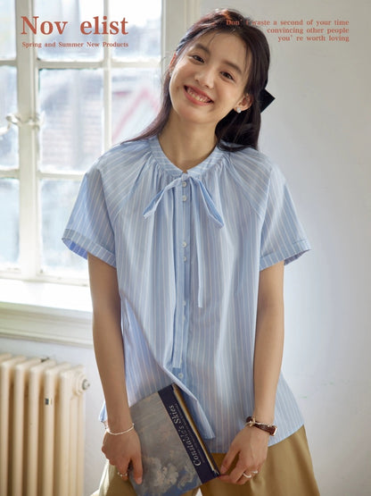 Nov elist tithe yellow shirt for women summer new style French round neck bow raglan sleeve shirt top